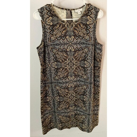J. Jill Women’s Medium Brown Sleeveless Midi Shift Dress Scoop Neck Patterned - Picture 1 of 6